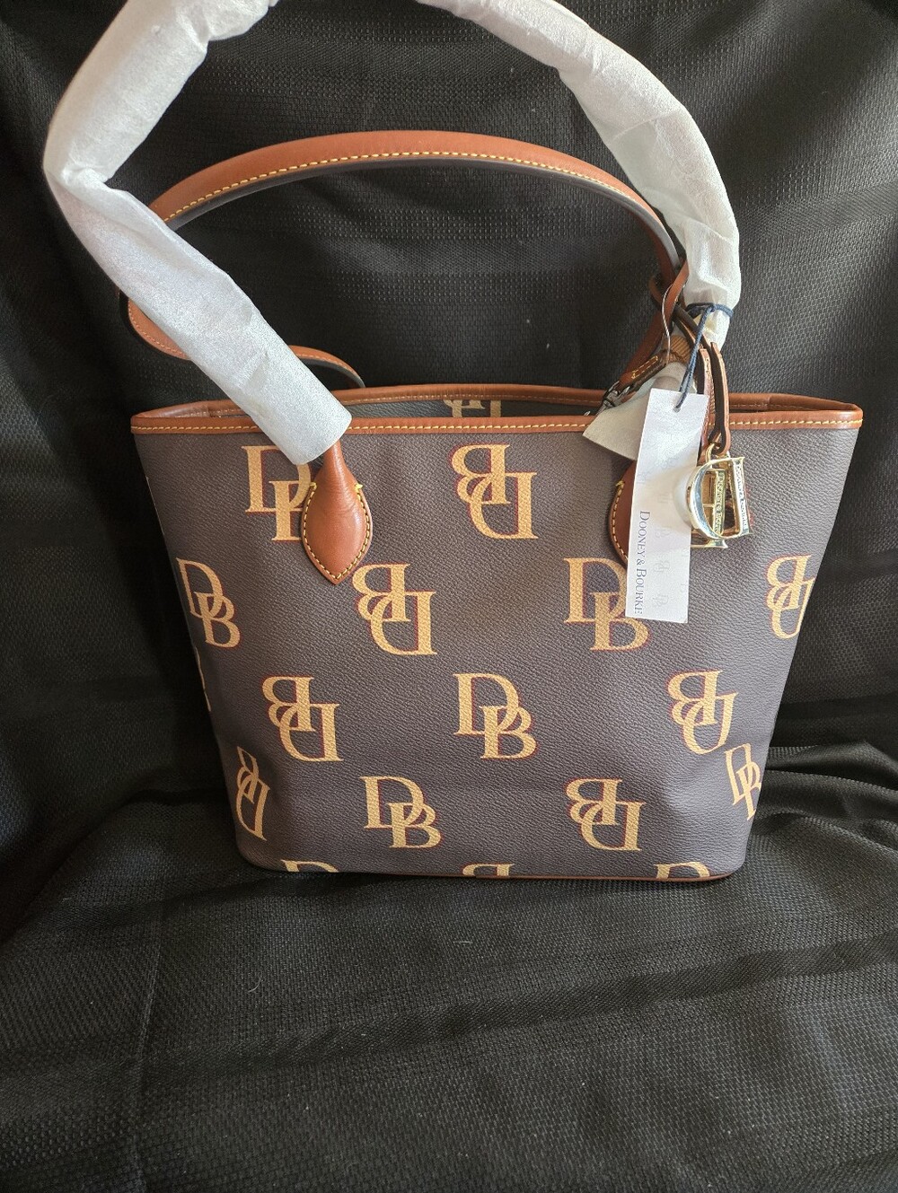 Dooney & Bourke Taupe Grey and Brown Leather DB Logo Tote NWT